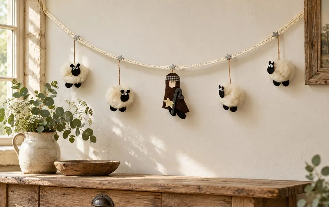 Handmade British Wool Shepherd and Sheep Bunting