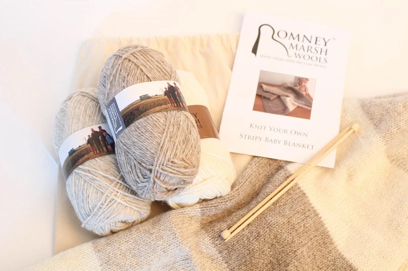 British Romney Lambswool Knit Kit -  Stripy Baby Blanket