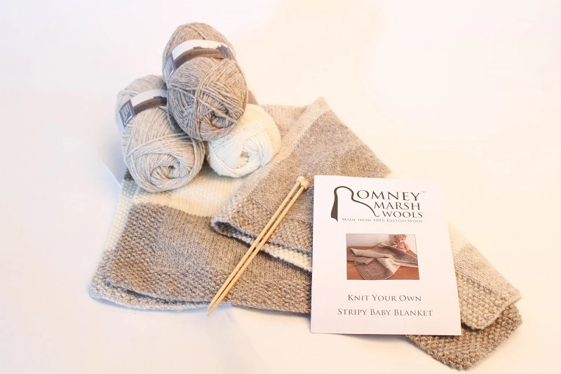 British Romney Lambswool Knit Kit -  Stripy Baby Blanket