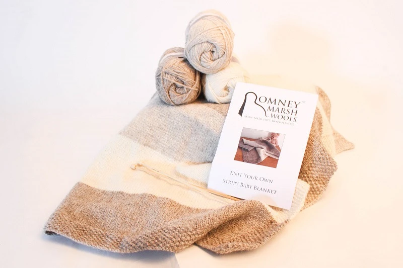 British Romney Lambswool Knit Kit -  Stripy Baby Blanket
